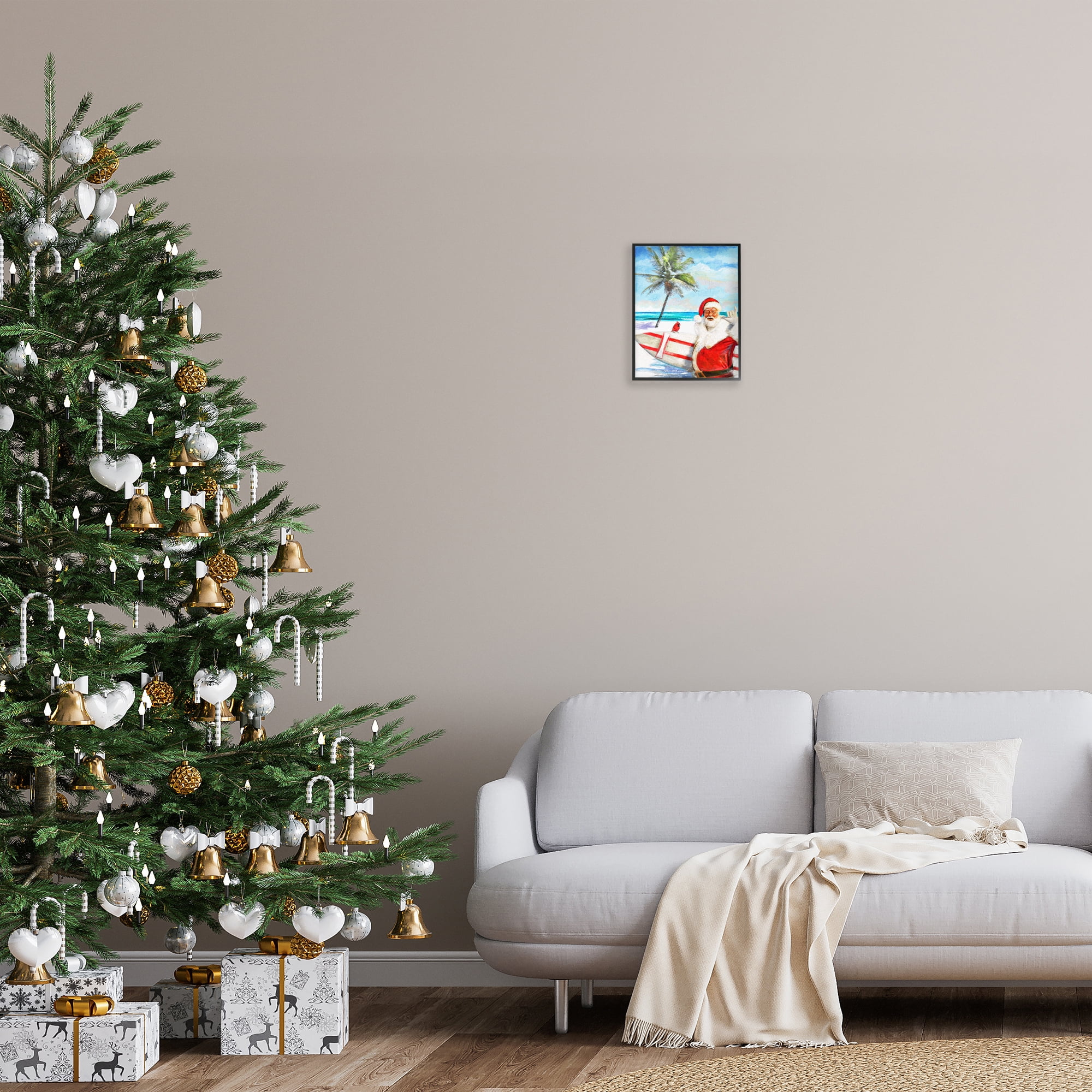 Stupell Industries Surfing Santa at Beach Holiday Painting Black Framed Art Prints Wall Art, 11 x 14