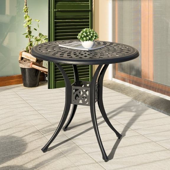 Nuu Garden 31" Outdoor Dining Table Round Cast Aluminum Patio Bistro Dining Table with Ice Bucket Function and Umbrella Hole, Black