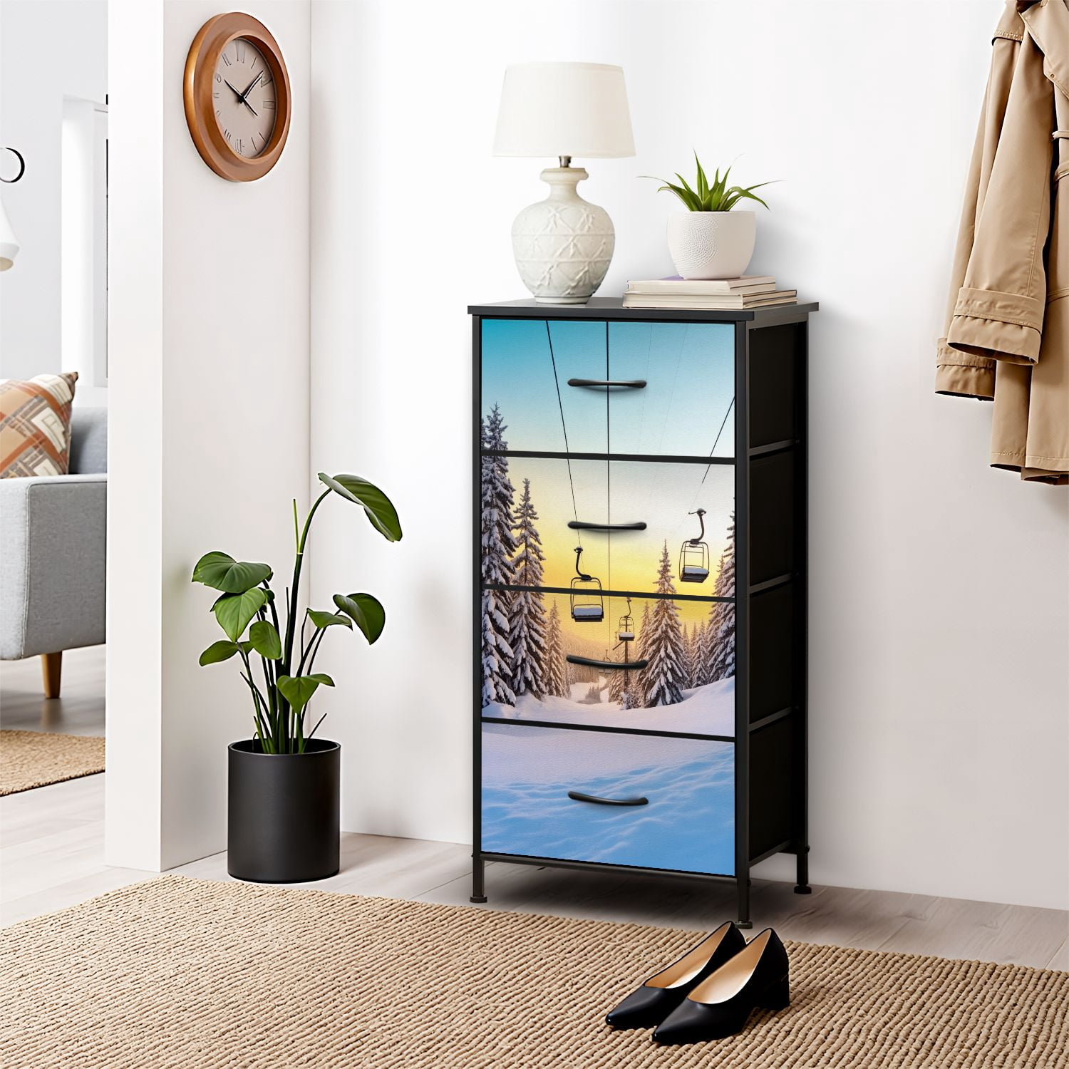 Dresser for Bedroom with 4 Storage Drawers Winter mountains panorama ski slopes ski lifts Dressers Chest of Drawers Steel Framed Fabric Closet Organizers for Dorm Entryway