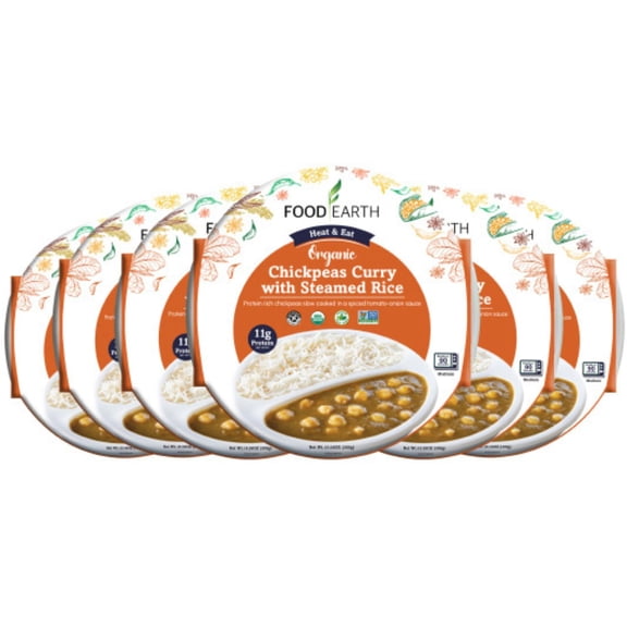 Food Earth - Organic Chickpeas Curry with Steamed Rice Ready to Eat Indian Meal , 100% Organic, Vegan, Gluten-Free, Heat & Serve,10.58 oz, 6 units Shelf Stable