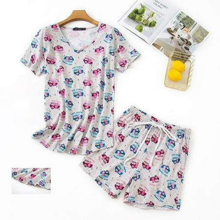 

NEGJ Women s Fashion Casual Printed Pajamas Short-Sleeved Top And Short Pants Suit