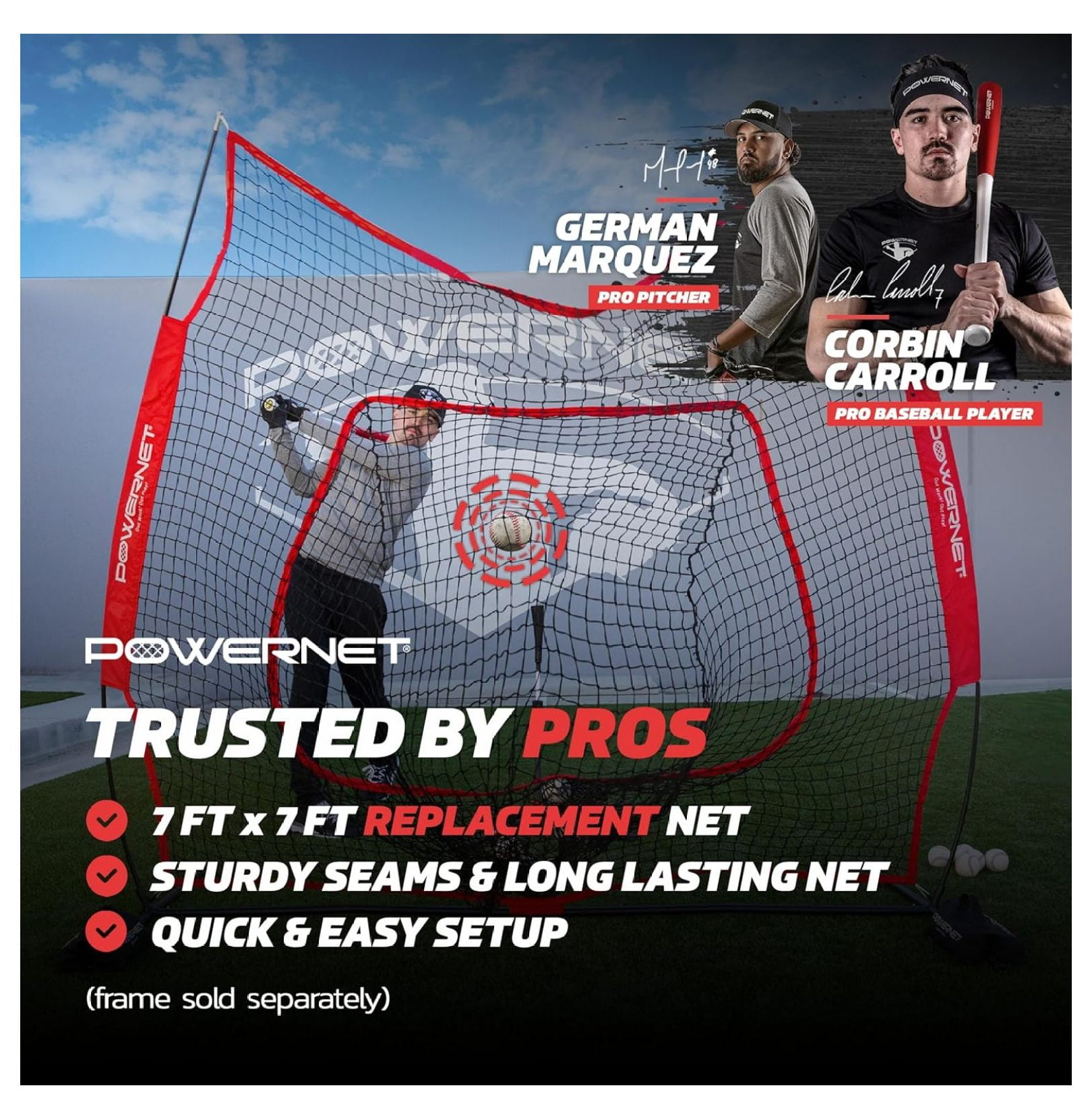7x7 FT Baseball & Softball Net Replacement Parts, Replace 7x7 FT Frame, Net Only or Carry Bag, Metal Frame and Fiberglass Poles, Durable Nets & Bags Available in Team Colors