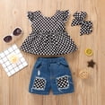 thumbnail image 2 of LWNYDPLSD Baby Girl Polka Dot Outfit 3 Piece Jean Set for Infant Girl Ruffle Short Sleeve Blouses+Patchwork Denim Shorts Suit Newborn Girl Clothes, 2 of 9