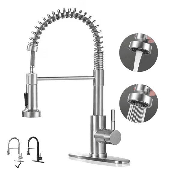 PHANCIR Kitchen Faucet with Pull Down Sprayer, Brushed Nickel Commercial Spring Kitchen Sink Single Handle Pull Out Sink Faucets with Deck Plate Suit to 1 or 3 Holes