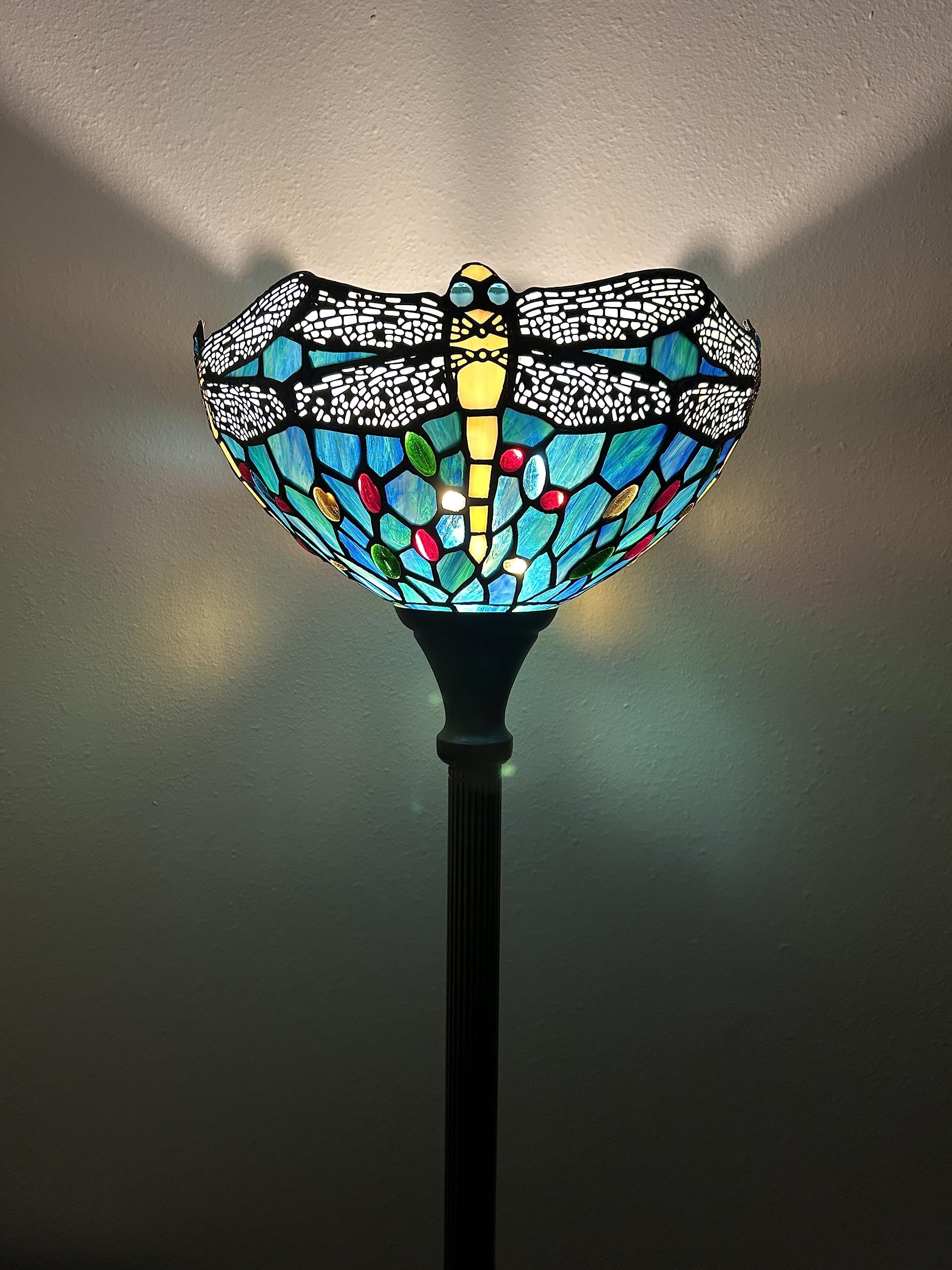 Tiffany Torch Floor Lamp Dragonfly Green Blue Stained Glass LED Bulb Included for Living Room Dining Room Bedroom Office Hotel 12"W*12"D*66"H