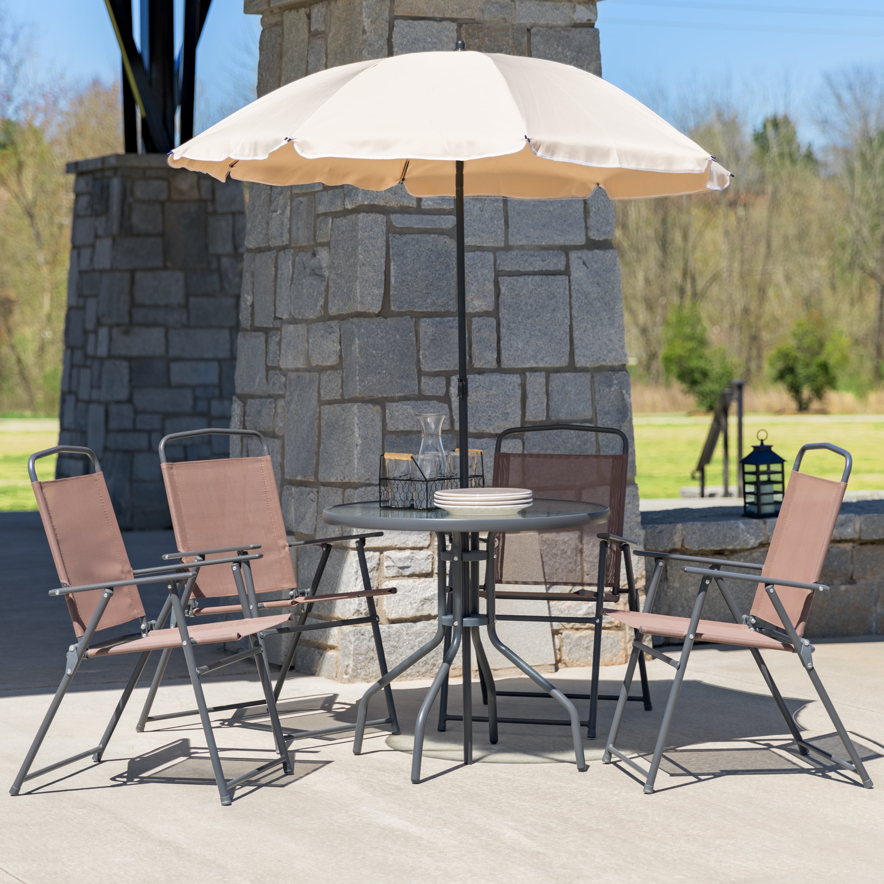 Umbrella and 4 Folding Chairs Nantucket 6 Piece Patio Garden Set with Table 