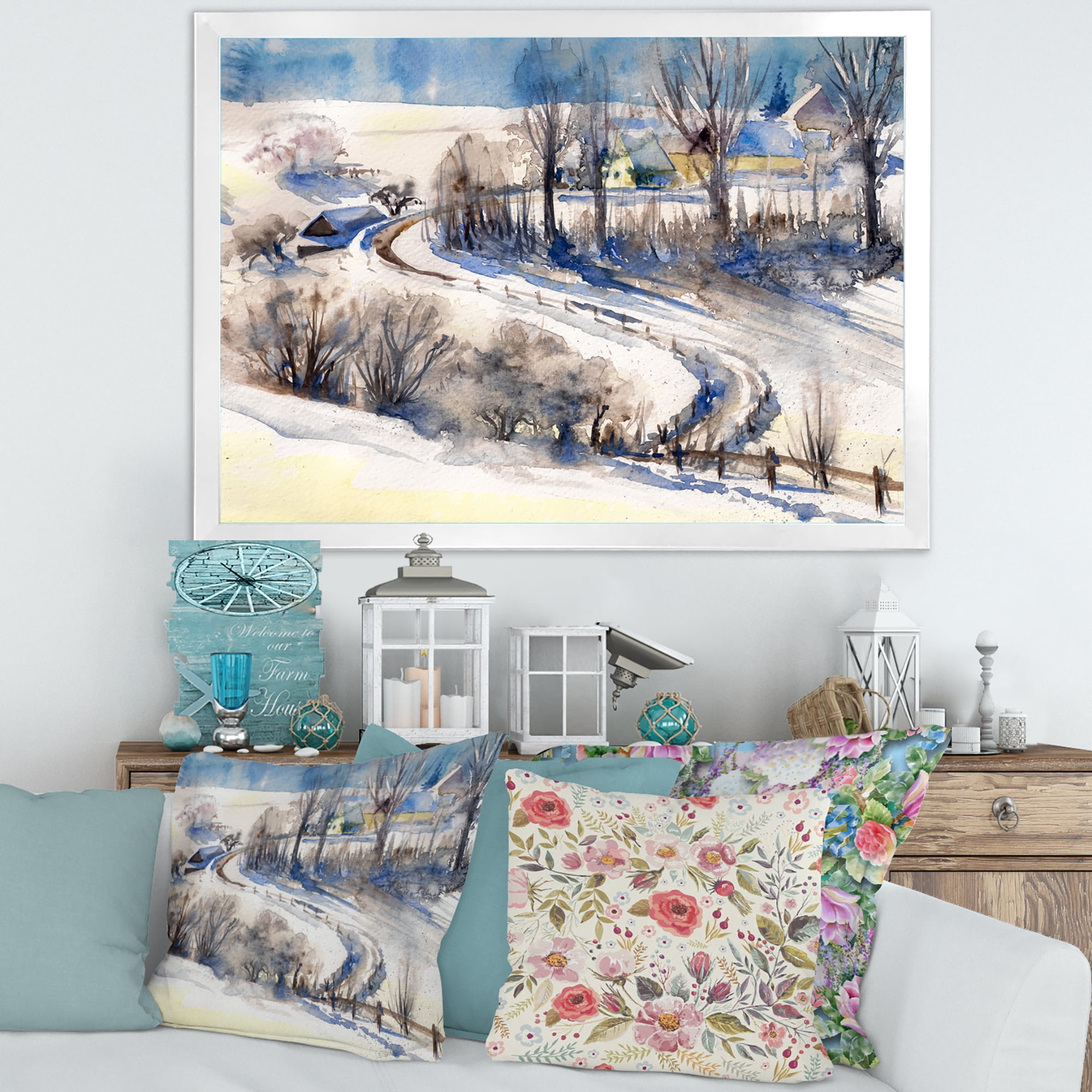 Designart 'Country Road In Winter Times Landscape I' Traditional Framed Art Print