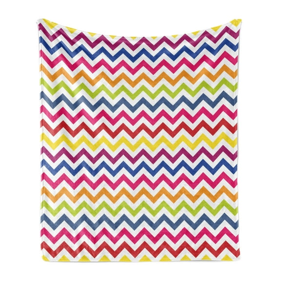 Chevron Soft Flannel Fleece Throw Blanket, Chevron Pattern Colorful Rainbow Inspired Fun Enjoyment Design, Cozy Plush for Indoor and Outdoor Use, 70" x 90", Multicolor, by Ambesonne