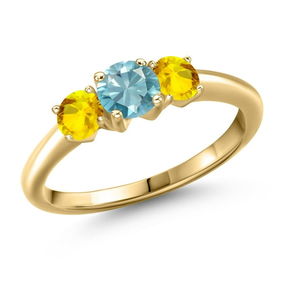 Gem Stone King 10K Yellow Gold Blue Zircon and Yellow Sapphire Engagement Ring for Women | 1.57 Cttw | Round 5MM | Gemstone Birthstone | Size 9