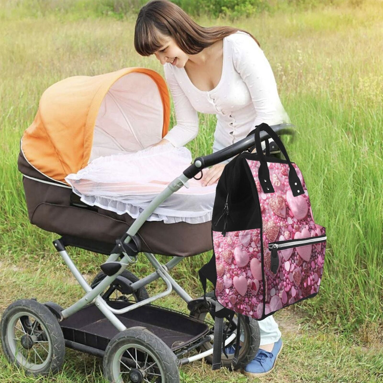 Fuzoiu Pink Glitter Heart Candy Print Diaper Bag Backpack,Baby Essentials Travel Tote,Multi function Waterproof Diaper Bag, Travel Essentials Baby Bag - Unisex