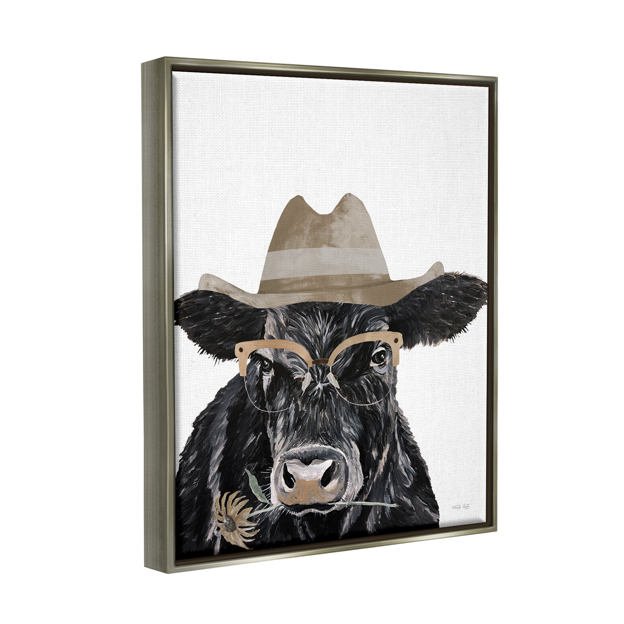 Stupell Industries Cattle in Hat & Glasses Animals & Insects Painting Gray Floater Framed Art Print Wall Art, 25 x 31