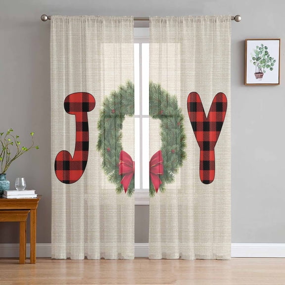 Red Green Christmas Sheer Curtains 84 Inches Long, Farmhouse Xmas Botanical Winter Light Filtering Window Curtains for Living Room/Bedroom, Rod Pocket Voile Sheer Drapes, 52"W x 84"L, 2 Panels