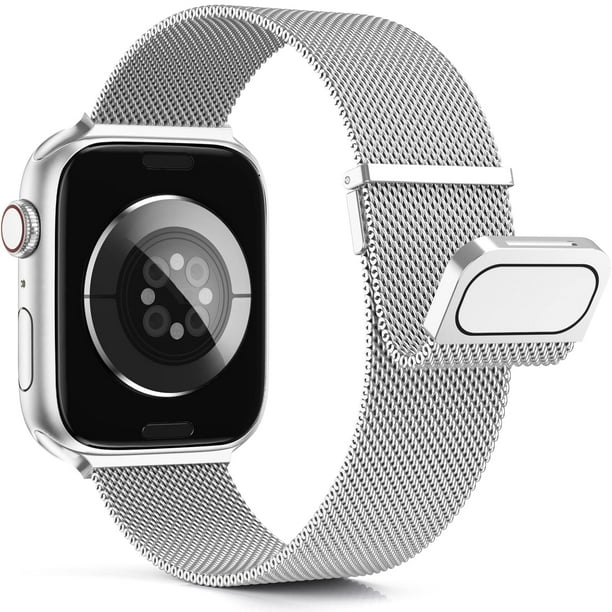 Correas para Apple Watch de 44 mm, 45 mm, 42 mm y 49 mm, correa de repuesto ajustable con doble imán para iWatch Ultra/Ultra 2, Series 9, 8, 7, 6, 5, 4, 3, 2, 1 SE, color plateado