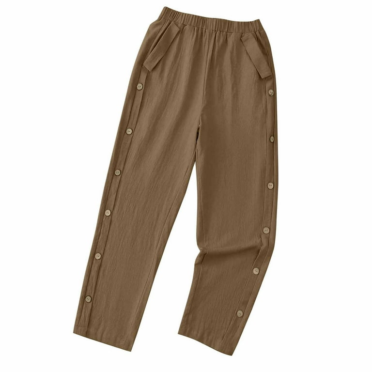 SELONE Pull on Dress Pants for Women Plus Size Brown Lounge Pants with  Pockets Cotton Linen Elastic Waist Cropped Trouser Beach Pants Solid with  Buttons Tapered L Tall Breathable Summer Clothes -