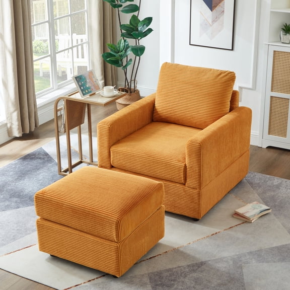 Classic Corduroy Chaise Lounge, Comfy Sofa Chaise Couch Chair, Upholstered Accent Chair with Ottoman for Living Room