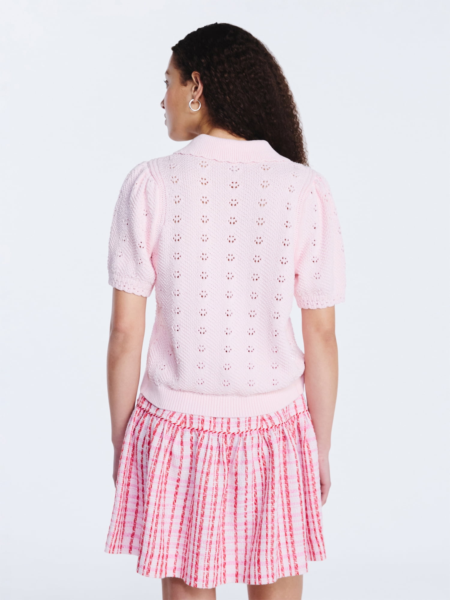Free Assembly Women's and Women's Plus Cotton Pointelle Cardigan Sweater with Short Sleeves, Lightweight, Sizes XS-4X