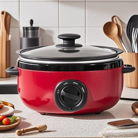 AsterOutdoor 6.5 Quart Slow Cooker with Glass Lid & Adjustable Temperature Control, Programmable Food Warmer for Family Meals - Red