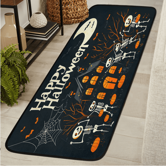 CURLYOOT Skeleton Pumpkin Runner Rug 2'x6' Washable Kitchen Runner Rug Indoor Non Slip Laundry Rugs Happy Halloween Floor Carpet for Hallway Kitchen Entryway Bedroom Living Room