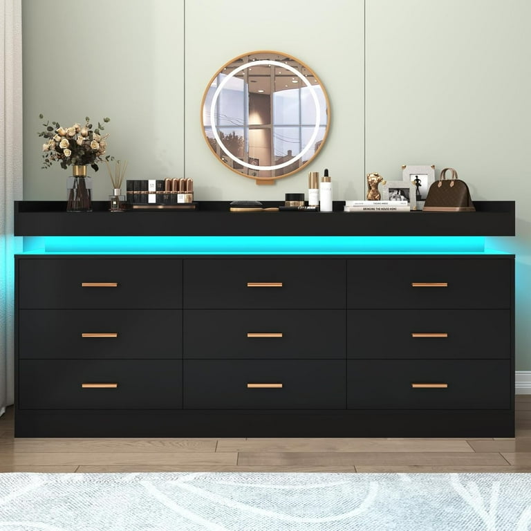 black dresser with led lights FUFU&GAGA 8-Drawer 63 in. W Wood Double Chest of Drawers Bedroom Storage Organizer in High Gloss and In addition to directly adjusting the light in the APP Edge Collections - Fits 45-55