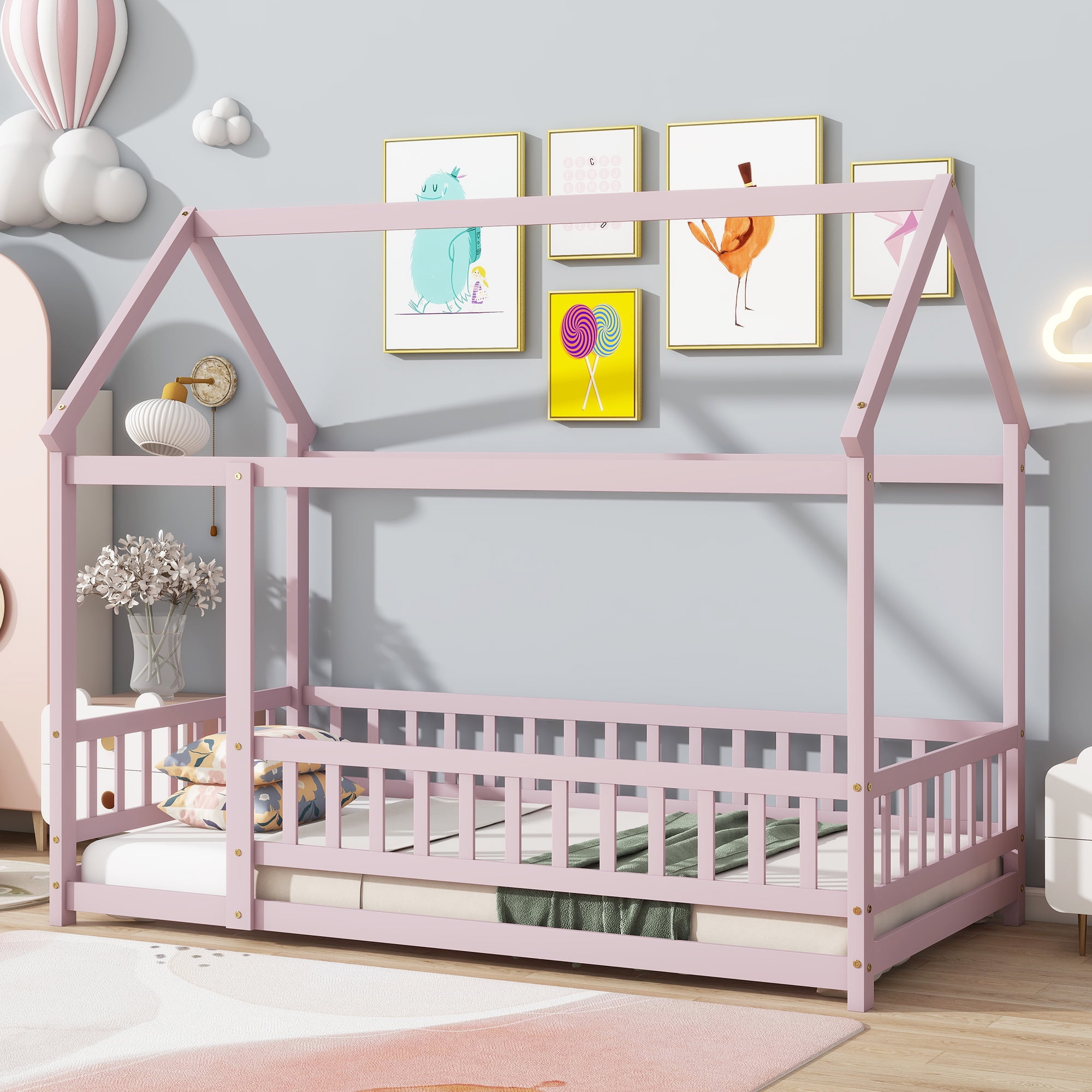 Jopath Twin Size Floor Bed Frame Montessori House Floor Wooden Bed with with Roof Frame,Safety Guardrails for Kids,Boys,Girls Pink