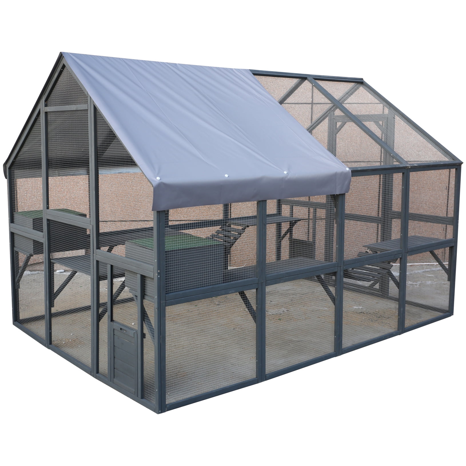 Large Outdoor Cat Enclosure Wooden Catio with Bridges, Walks, Small Houses, Roof Cover 110 Inch Gray
