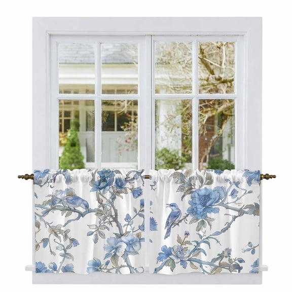Blue Floral Birds Tier Curtains, Farmhouse Flowers Pastoral Light Filtering Kitchen Curtains, 2Pcs Rod Pocket Half Window Treatments Panels for Sink Cafe Cabinet Camper 27.5x24 Inches