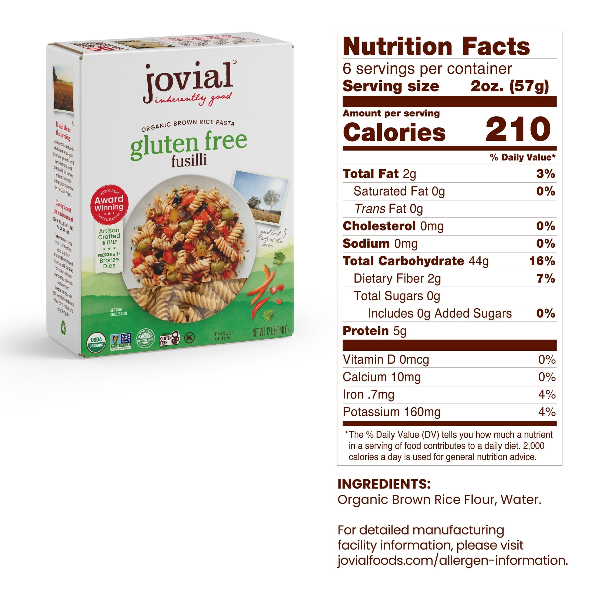 (4 pack) Jovial 100% Organic Gluten-Free Brown Rice Fusilli Pasta, 12oz