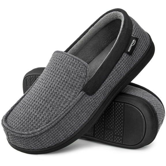 EverFoams Men's Comfort Memory Foam Moccasin Slippers Breathable Terry Cloth House Shoes with Anti-Skid Rubber Sole