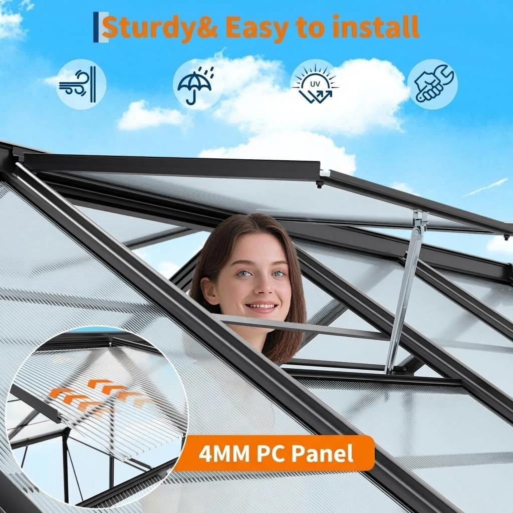 Large Walk-In Polycarbonate Greenhouse, Aluminum Frame, Roof Vent, Wind Resistant, Quick Setup for Backyard