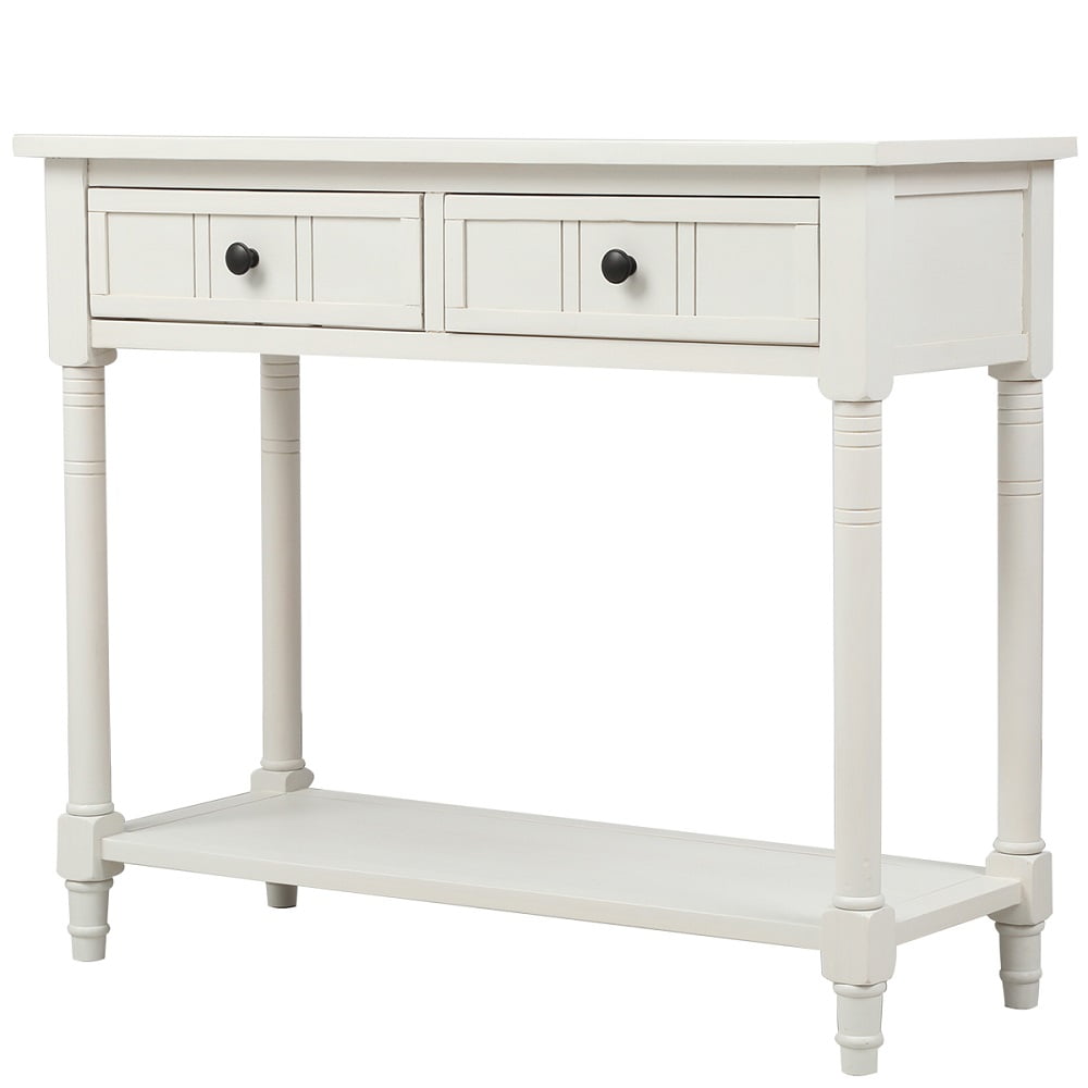 Vintage White 2 Drawer Storage Console Table, Entryway Table with Storage Shelves, Small Sofa Table for Living Room, Couch, Hallway, Foyer, Kitchen Counter