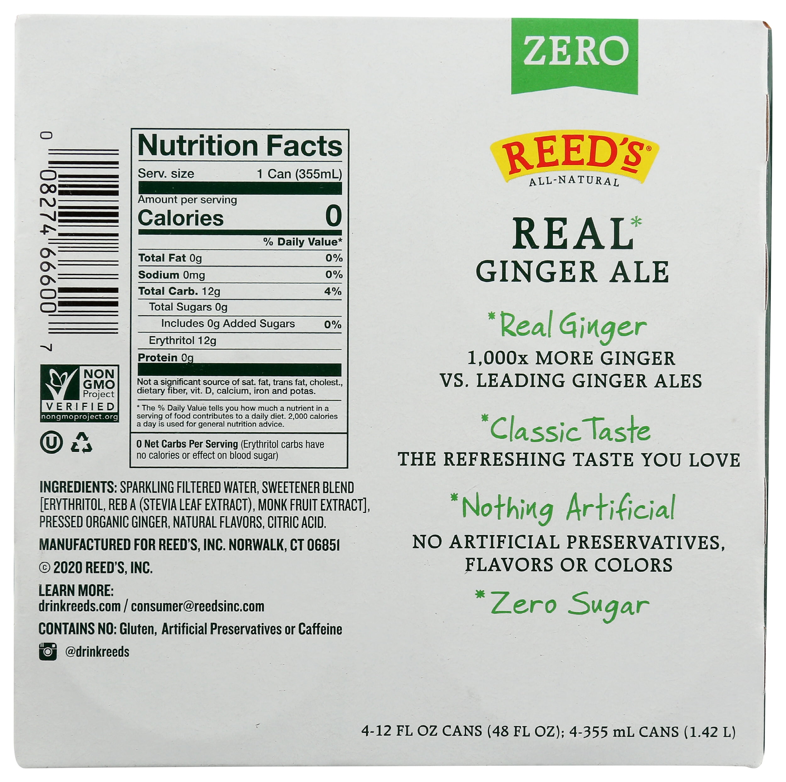 (Pack of 6) Reed's Zero Sugar Ginger Ale Soda, 12 fl oz