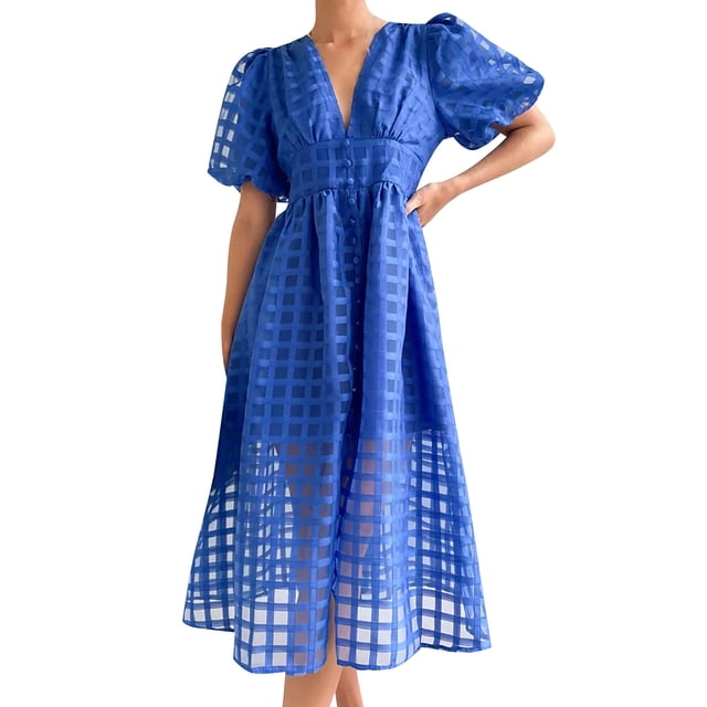 Ketyyh-chn99 Robes Femmes Fête Grande Taille Robe Soleil Robes pour Femmes Manche à Volants Superposition Évasée Robe Mini Bleu,TG