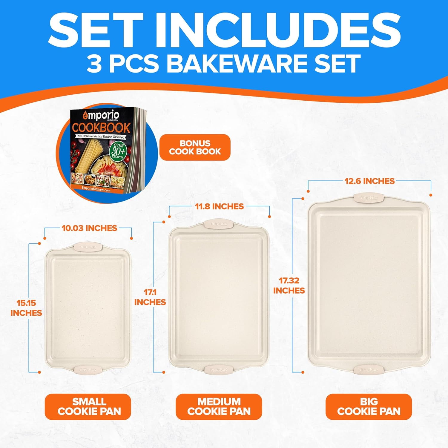 3-Piece Nonstick Carbon Steel Bakeware Set – White Baking Pans with White Silicone Handles, Oven Safe to 450°F, Includes Recipe Booklet