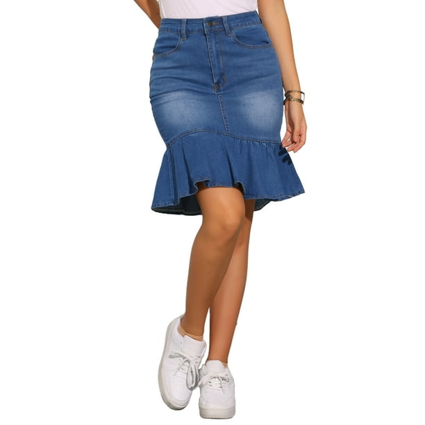 Falda de mezclilla ajustada con volantes en la parte inferior, de longitud a la rodilla, para mujer, color azul
