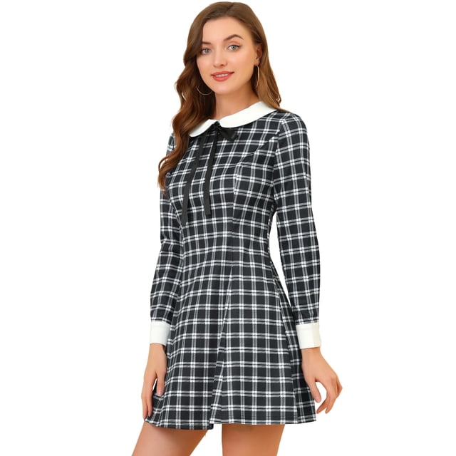 INSPIRE CHIC Robe Contrastée à Col Peter Pan Manches Longues en Ligne à Carreaux pour Femmes