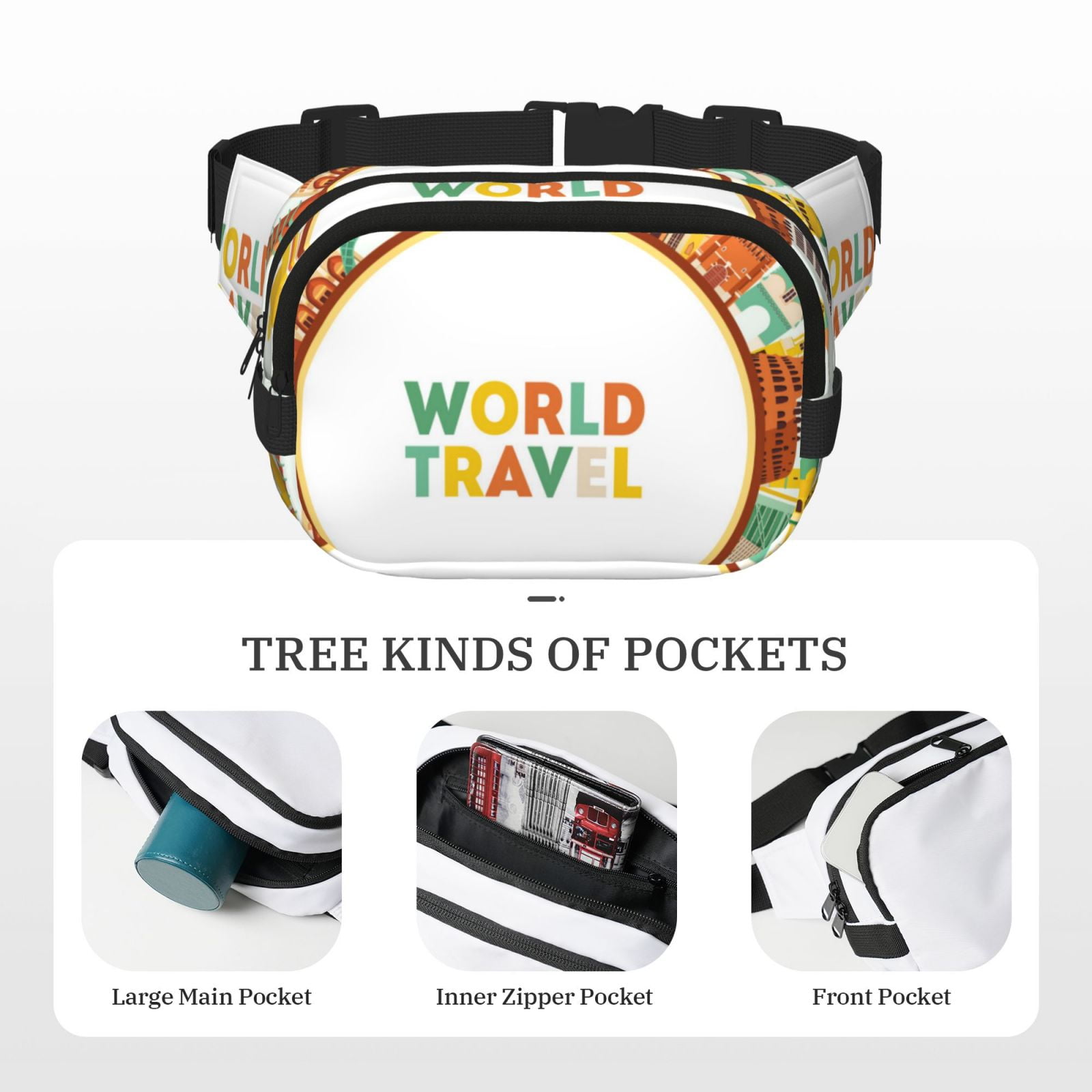 Picia World Travel3 Print Square Double-Layer Waist Bag Mini Adjustable Waist Belt Bag Exercise Running Travel Hiking