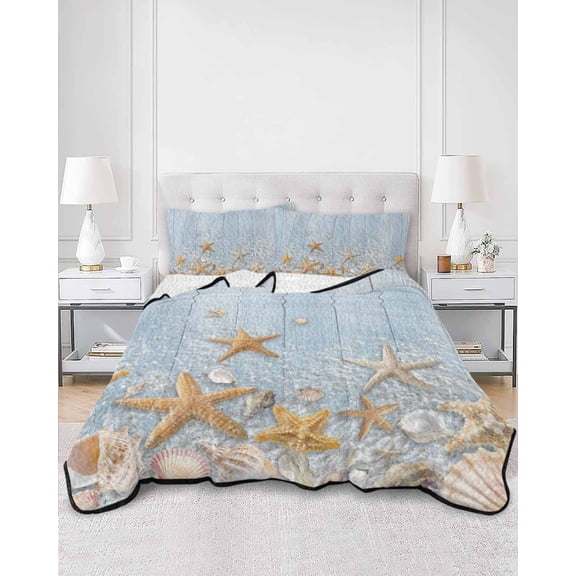 Quilts Queen Size, Starfish Summer Beach Soft Comforter Bedding Set for Bed, Coastal Ocean Wooden Sea Shell Lightweight Quilted Bedspread with Pillow Cover(2 Pieces) for All Season, 90x96 Inch