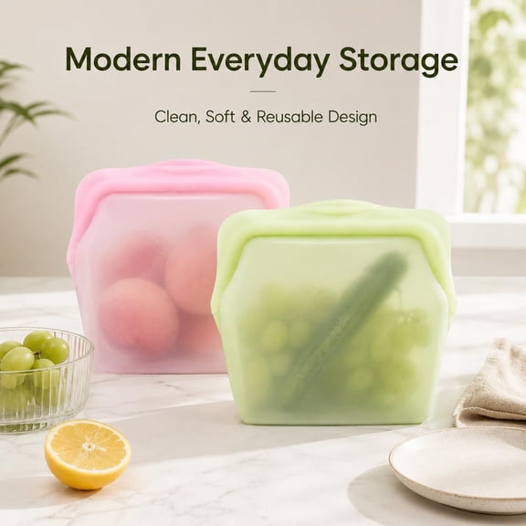 2-Pack Everbag Reusable Silicone Food Storage Bags, 1000ml Stand-Up Leakproof Freezer Bags, Sous Vide Safe, Odor-Resistant, High-Temperature Food Storage Containers