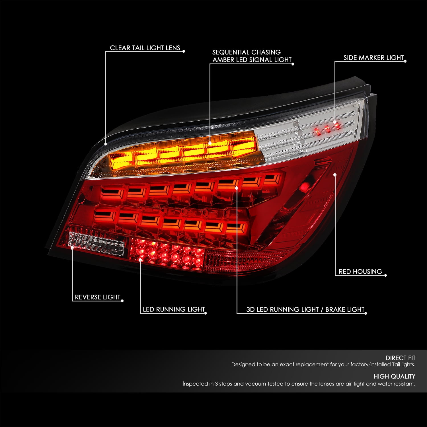 DNA Motoring TL-LED-OL-E6003-RD-CL For 2004-2007 BMW E60 525 530 545 550  Sedan Pair Clear Lens OLED Squential Rear Tail Lights Brake Lamp  Replacement