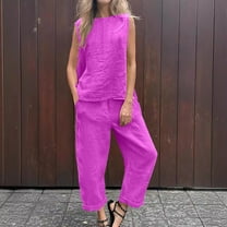 Itsame Womens 2 Piece Sets, Crewneck Sleeveless Tops Pants Cotton Linen Outfits Purple M