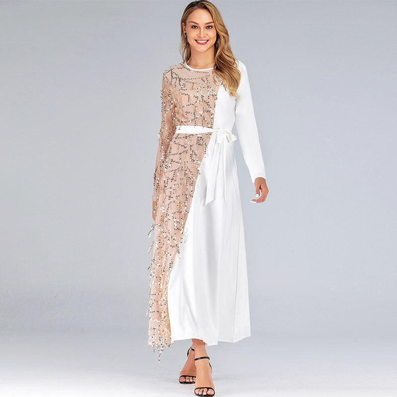 Anself - Women Muslim Long Robes Long Sleeves Sequins Tassels Splicing Belted Waist Plus Size Middle East Ramadans Abaya Dress - Walmart.com - Walmart.com