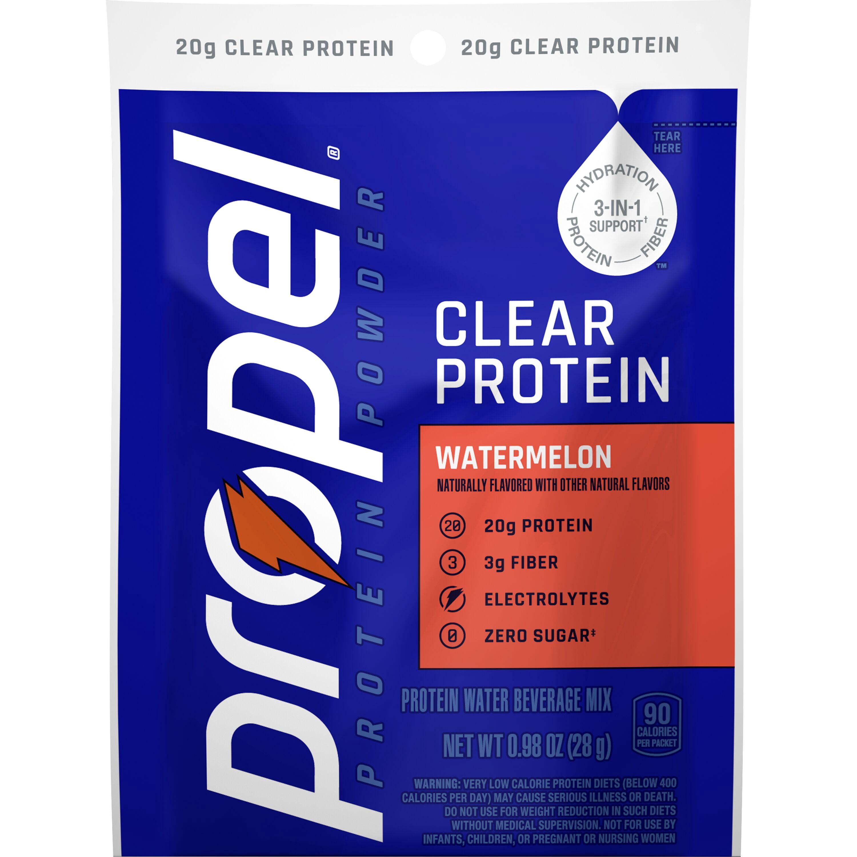 (15 pack) Propel Clear Protein, 20g Protein, Zero Sugar, Watermelon, Powdered Clear Protein Drink Mix, 0.98 oz