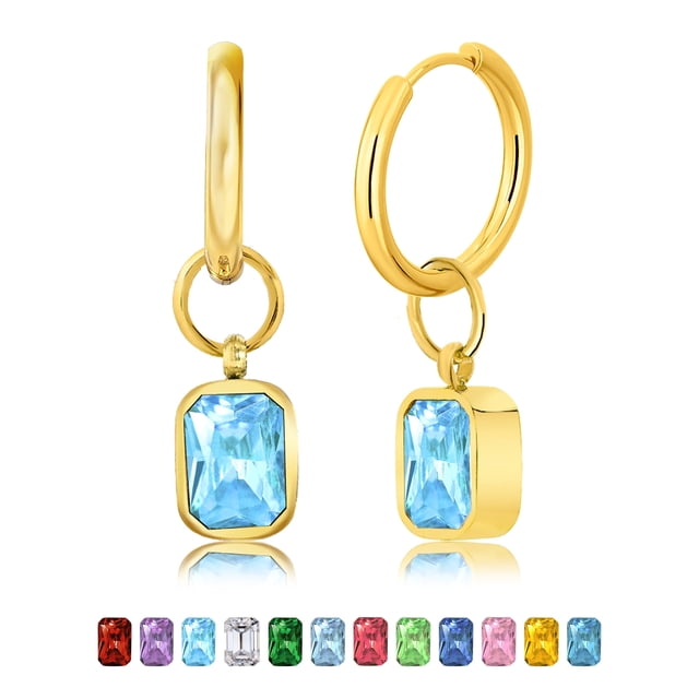 JeenMata Aros de Talla Esmeralda de 2 Quilates, Aguamarina, Piedra Natal de Marzo, con Bisel, Chapados en Oro Amarillo