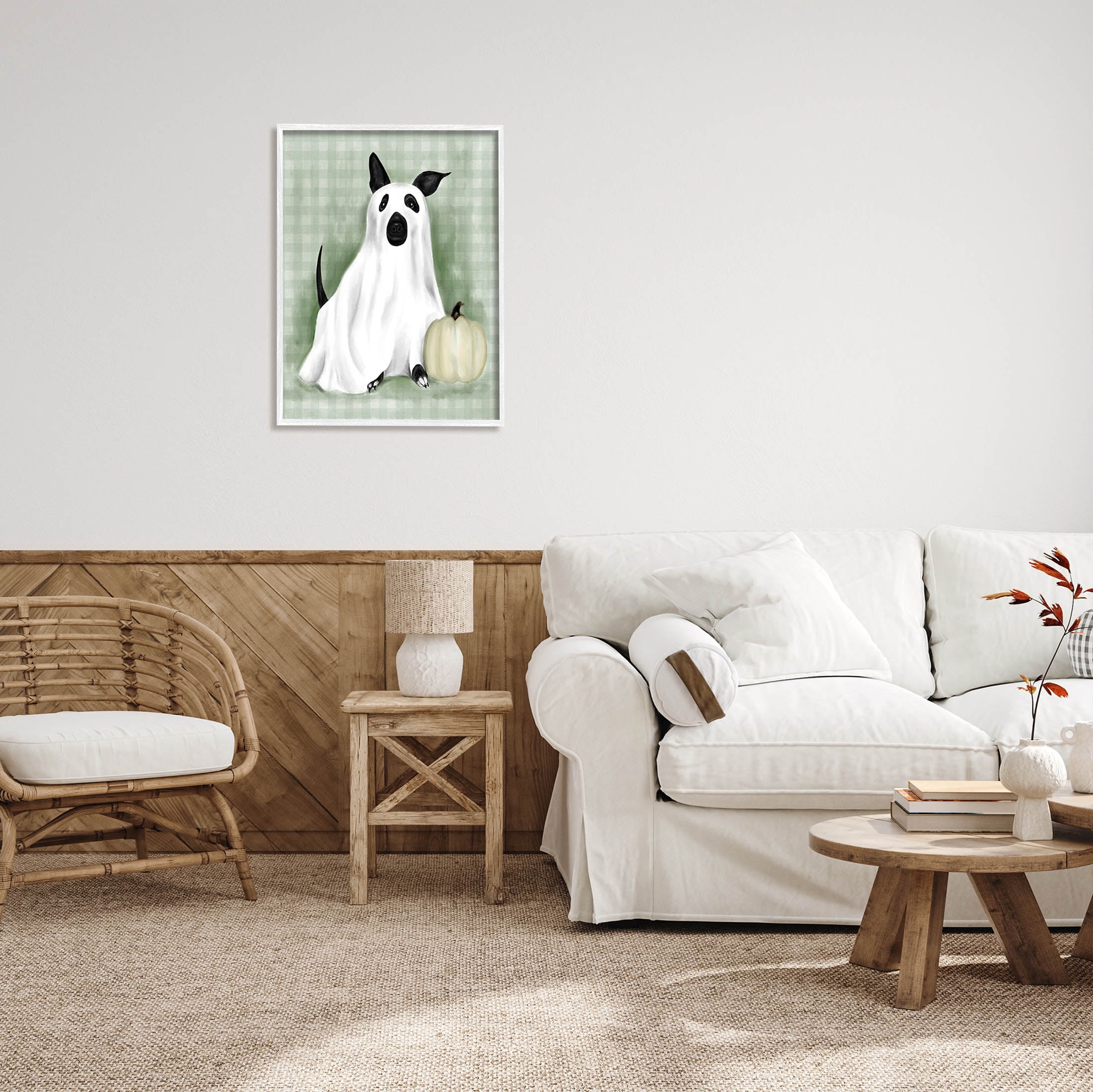 Stupell Industries Dog Ghost Halloween Costume Graphic Art White Framed Art Print Wall Art, Design by Lil' Rue