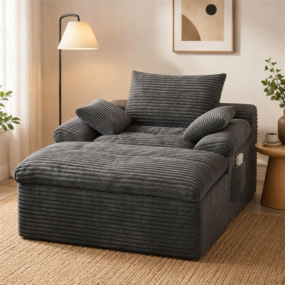SESSLIFE 65" Oversized Chaise Lounge Chair Indoor, Corduroy Boneless Sofa Bed with Wide Armrest 3 Pillows, Upholstered Cloud Sofa Couches for Living Room, No Assembly Require, Dark Gray