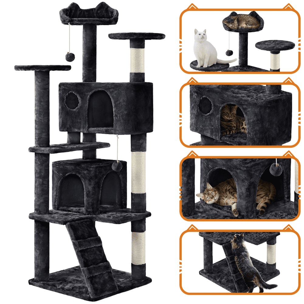 Alden Design 61.5''H Double Condo Cat Tree with Scratching Post Tower, Black