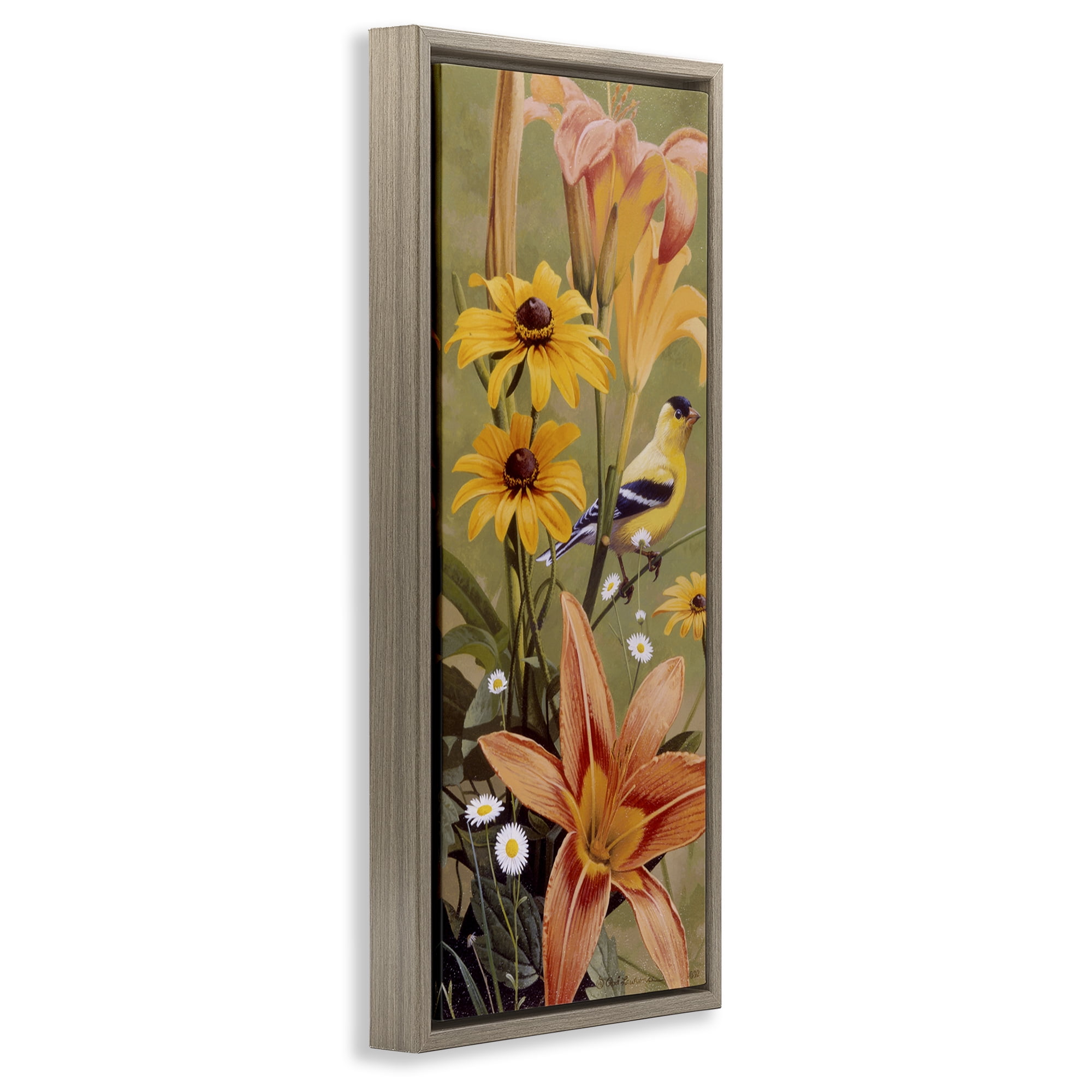 Stupell Industries Among the Flowers Bird Plants & Flowers Painting Brown Floater Framed Canvas Art Print Wall Art, 11 x 25