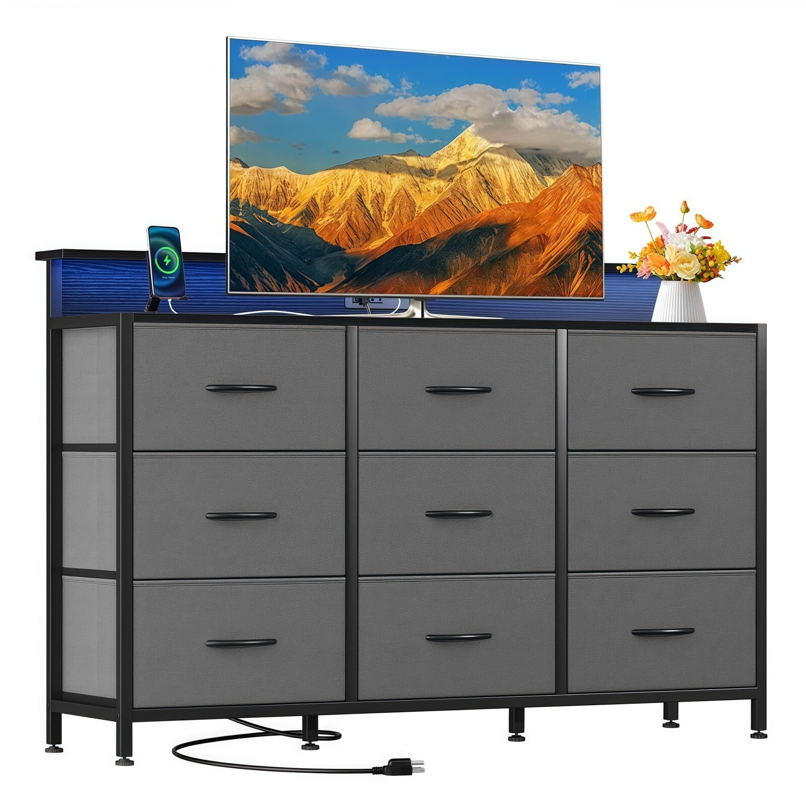 BEAUTYPEAK TV Stand Dresser with 9 Fabric Drawers LED Light AC USB-C Charging Station, Gray