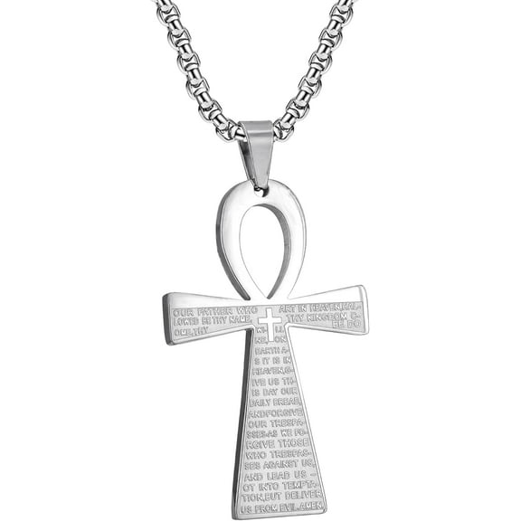 Stainless Steel Ancient Egyptian Coptic Ankh Cross Pendant Necklace For Women&Men,On 22-24 Inch Rolo Chain,Black/Gold/Silver