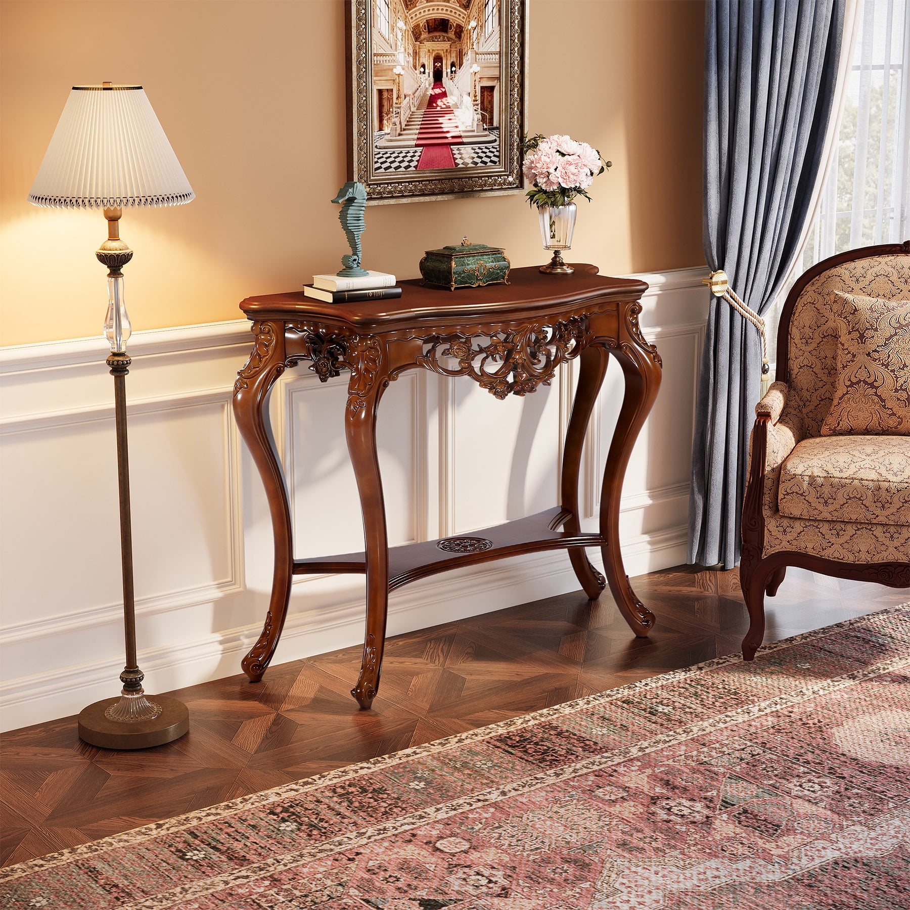 Tribesigns Vintage Carved Console Table , 38 inch Decorative Sofa Entryway Tables with Hollow Floral Apron and Cabriole Legs for Living Room, Hallway